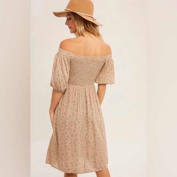 NWT Hem & Thread Taupe Floral Off Shoulder Puff Sleeve MIDI Dress size S - Picture 4 of 15